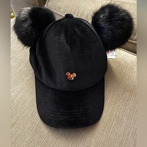 Disney Velvet Hat/ Cap with Pom Poms, Gold Mickey